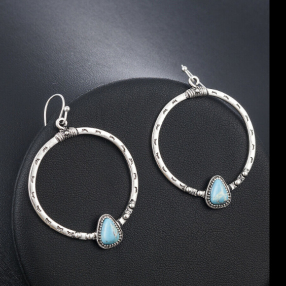 Silver Turquoise Hoop Drop Earrings Southwestern - Picture 5 of 6